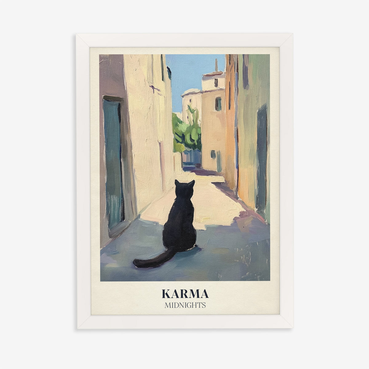 Karma Matisse Taylor Swift print of a black cat sitting in a sunny old-town street, in a white frame on a plain wall