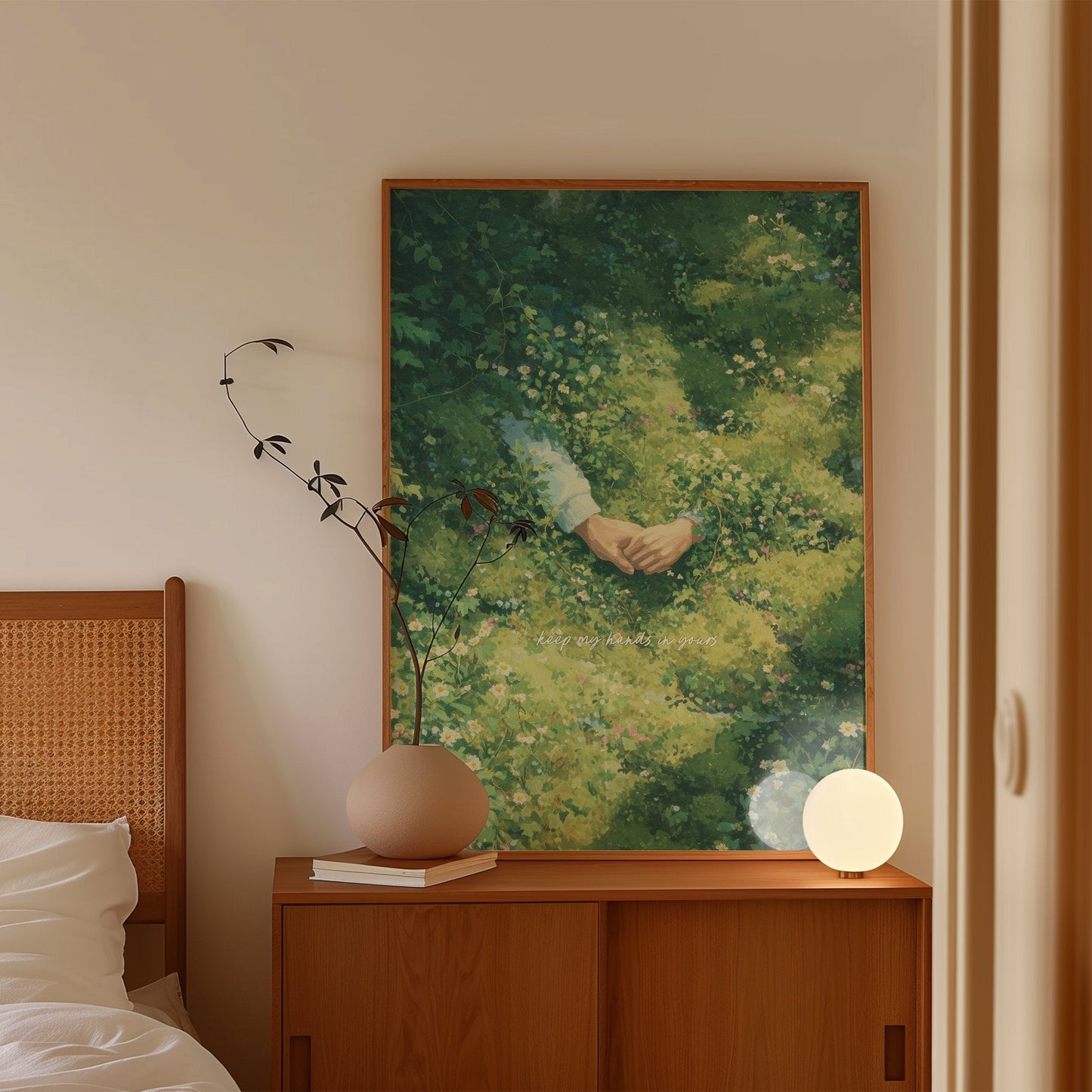 Keep My Hands In Yours lyric wall art print inspired by Noah Kahan leaning on a wooden sideboard in a Scandi bedroom