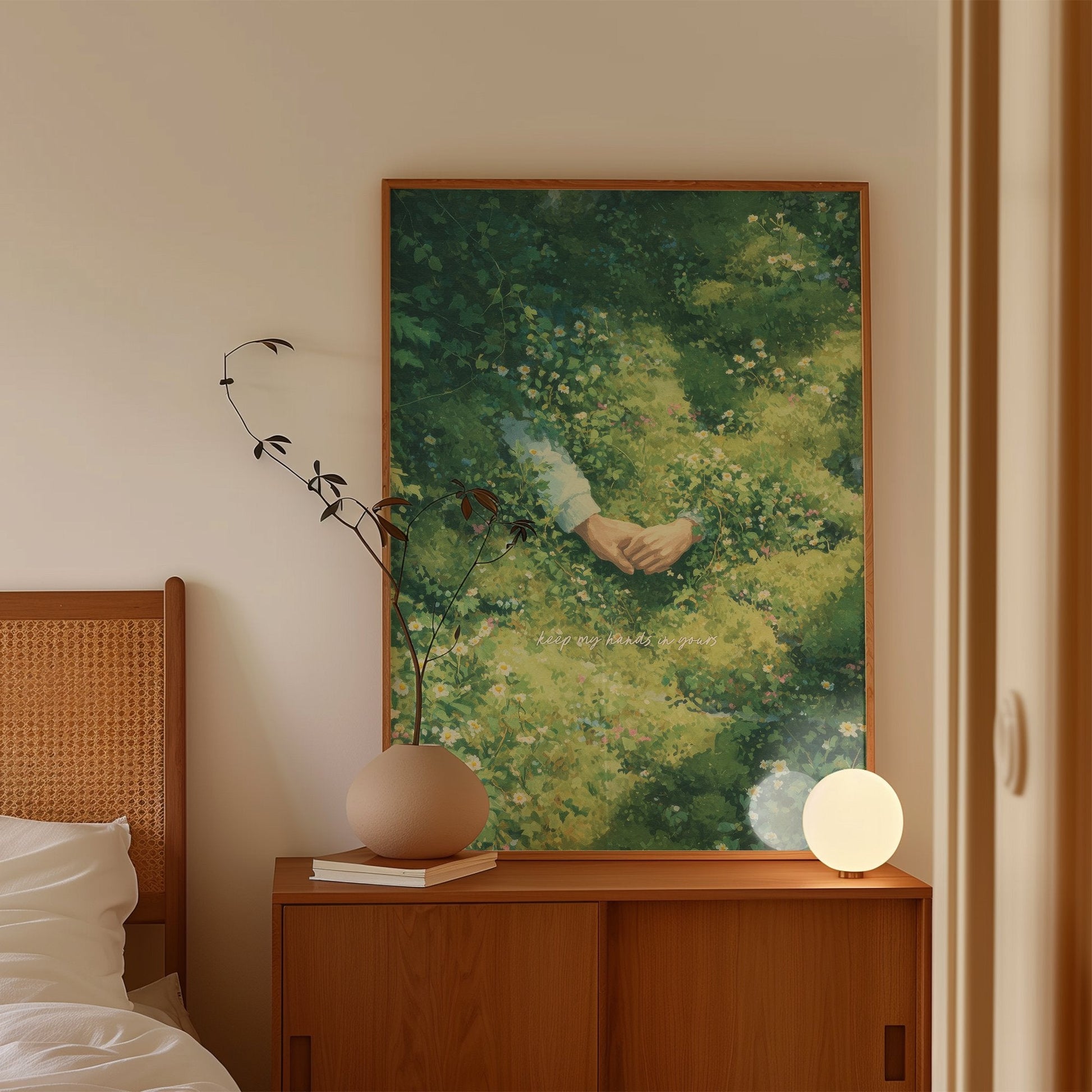 Keep My Hands In Yours lyric wall art print inspired by Noah Kahan leaning on a wooden sideboard in a Scandi bedroom