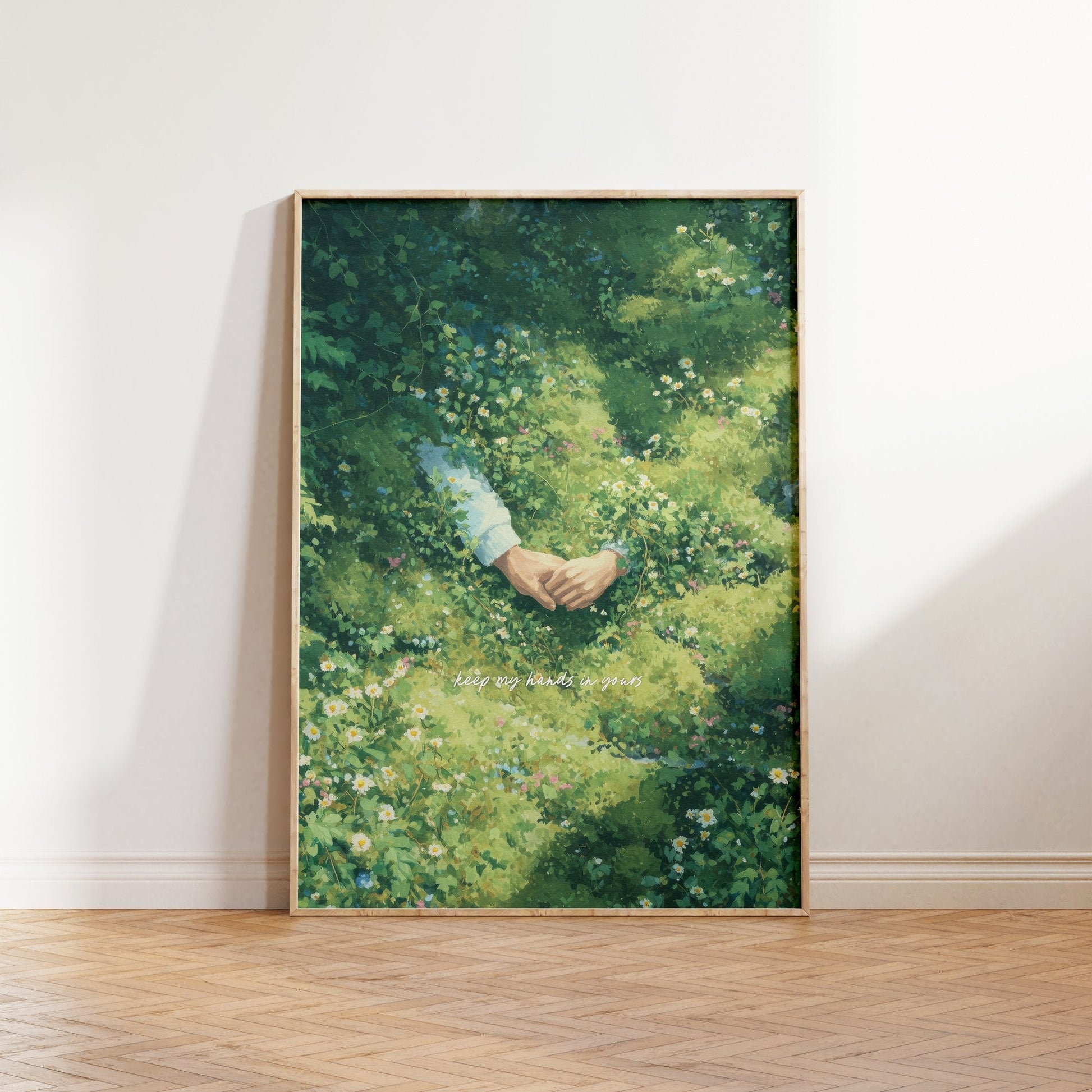 Keep My Hands In Yours lyric print inspired by Noah Kahan leaning against a white wall on a wooden herringbone floor in soft daylight