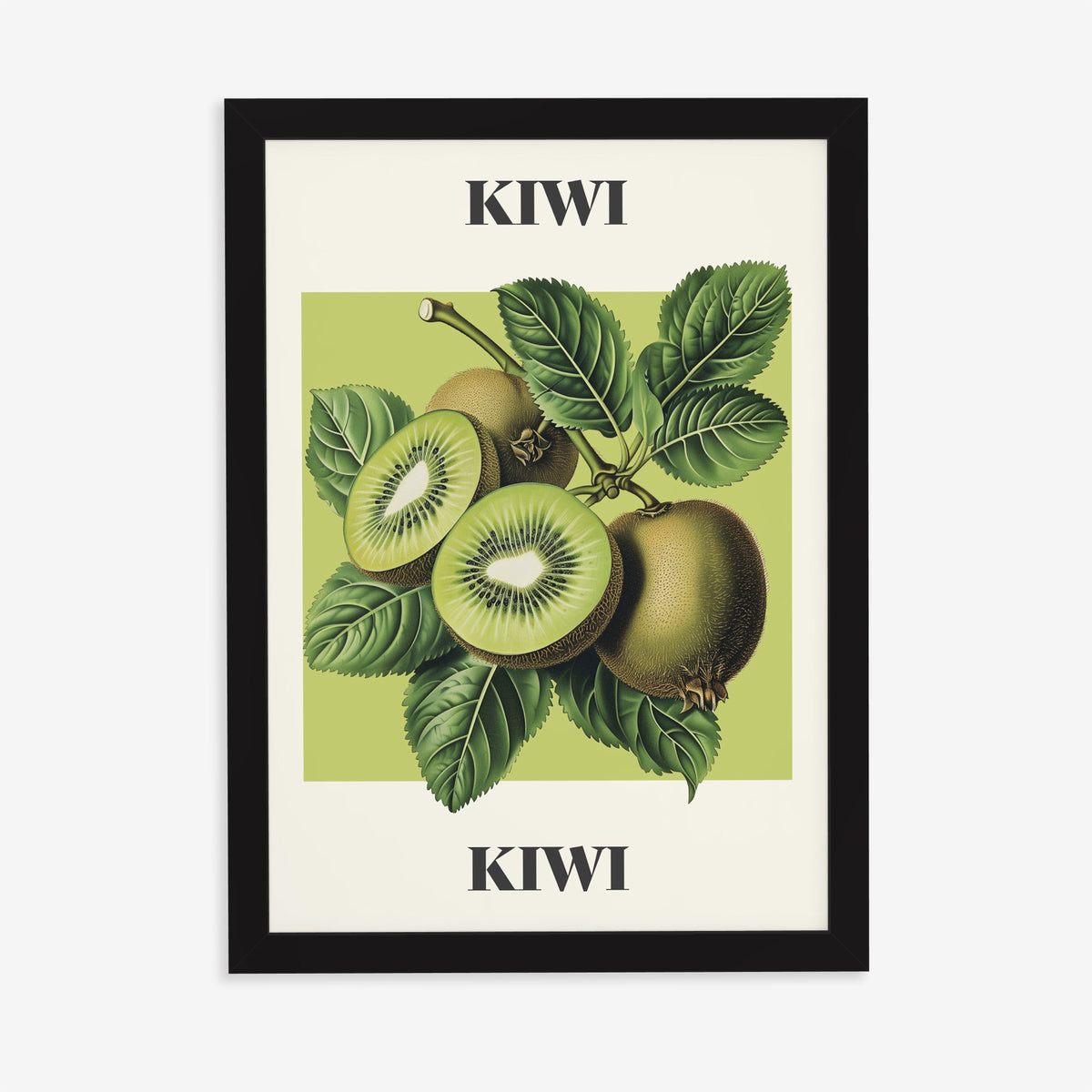 Kiwi Harry Styles print of vintage botanical kiwi fruit on lime green, in a black frame on a plain wall