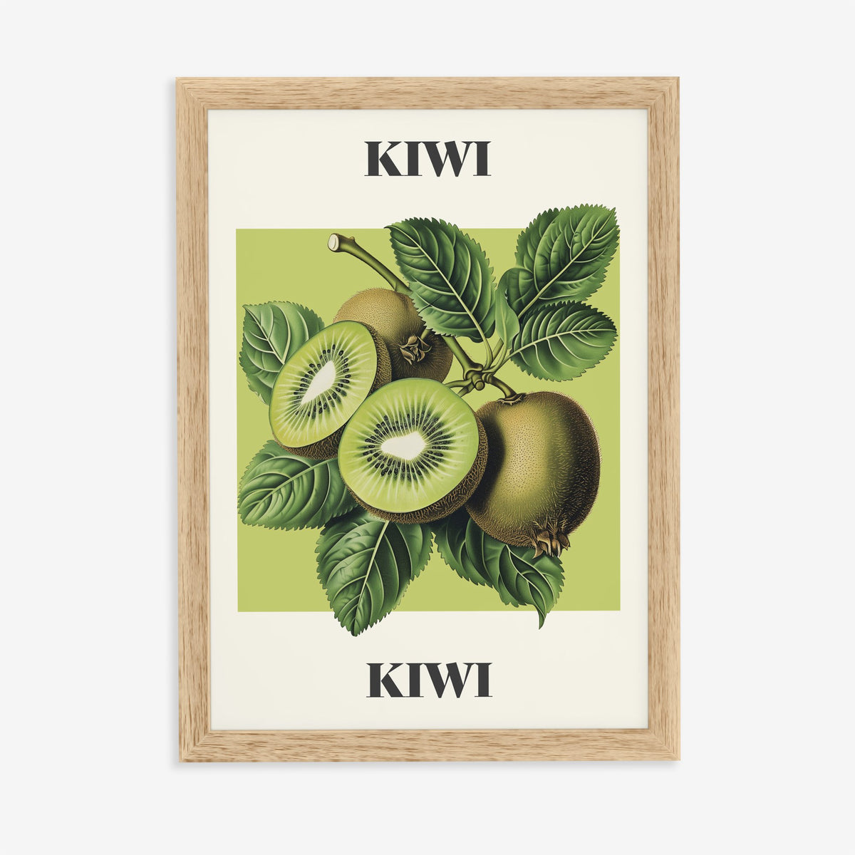 Kiwi Harry Styles print of vintage botanical kiwi fruit on lime green, in an oak frame on a plain wall