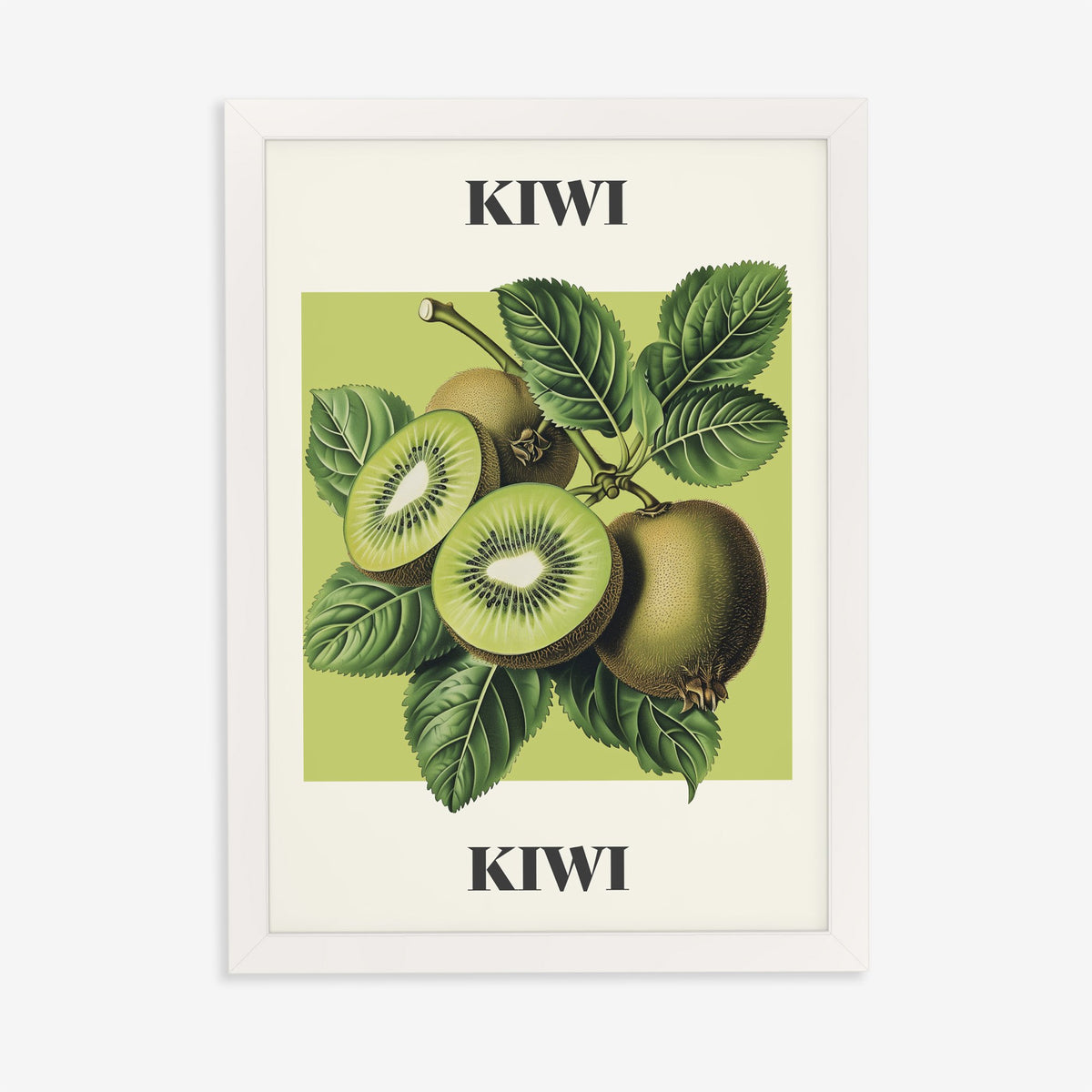 Kiwi Harry Styles print of vintage botanical kiwi fruit on lime green, in a white frame on a plain wall