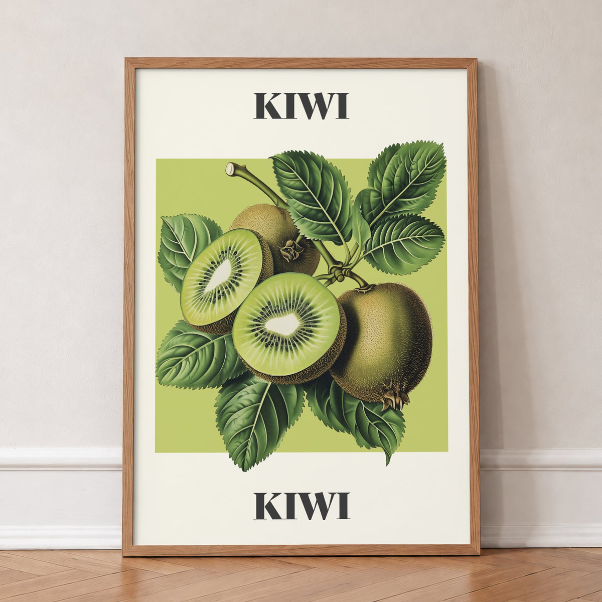 Kiwi Harry Styles print of vintage botanical kiwi fruit on lime green, in an oak frame, leaning against a wall on a herringbone floor