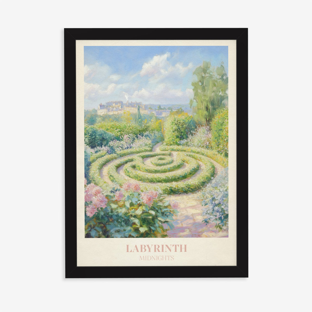Labyrinth Taylor Swift print of a round hedge maze in a sunny garden of pink flowers, in a black frame on a plain wall