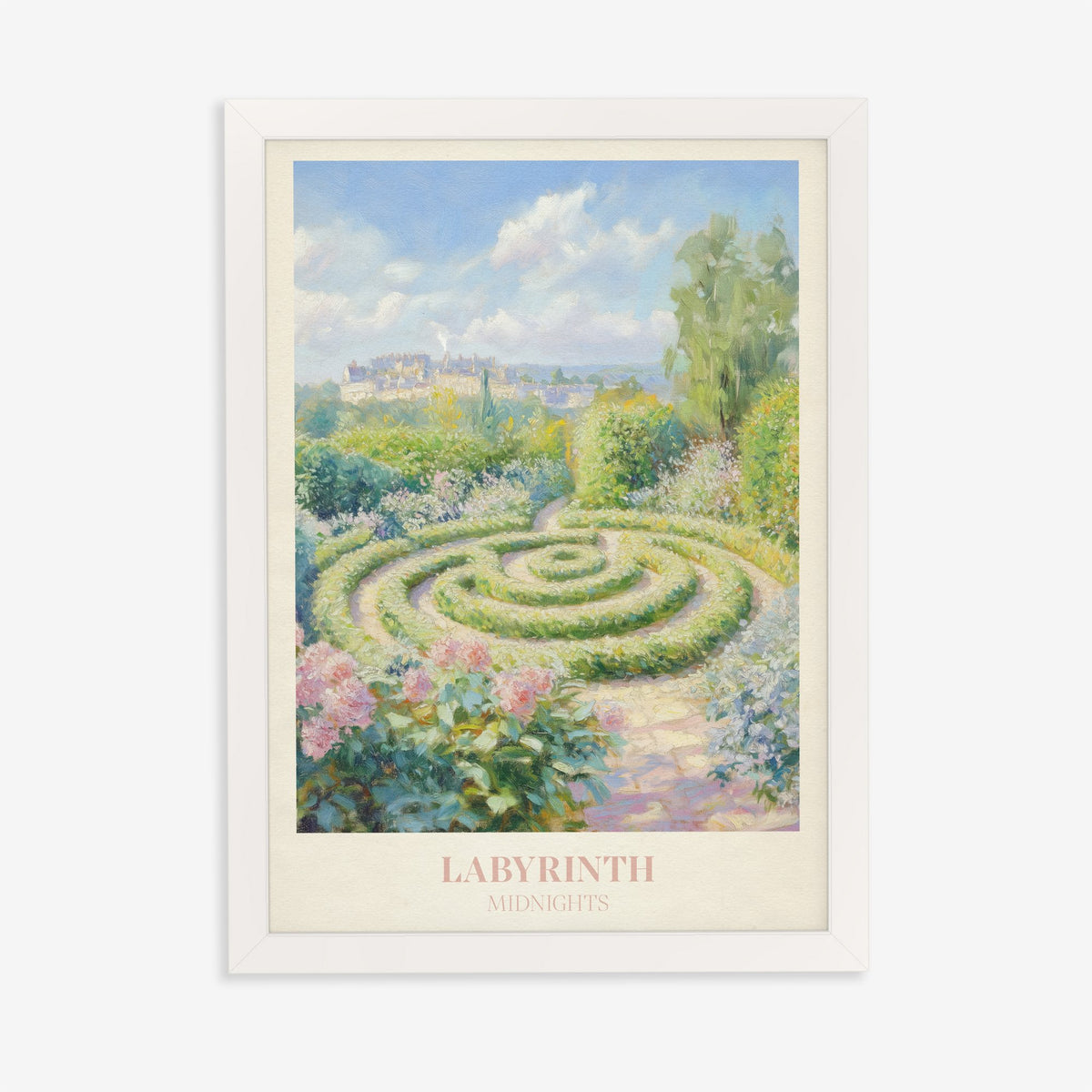 Labyrinth Taylor Swift print of a round hedge maze in a sunny garden of pink flowers, in a white frame on a plain wall