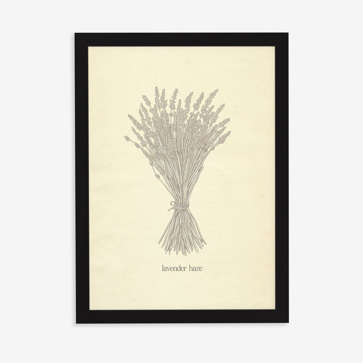Lavender Haze Minimal Taylor Swift print of a line drawing of a bunch of lavender, in a black frame on a plain wall