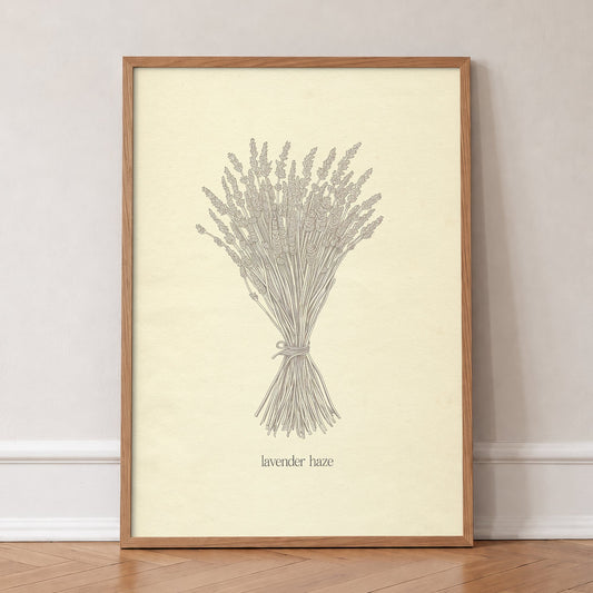 Lavender Haze Minimal Taylor Swift print of a line drawing of a bunch of lavender, in an oak frame, leaning against a wall on a herringbone floor