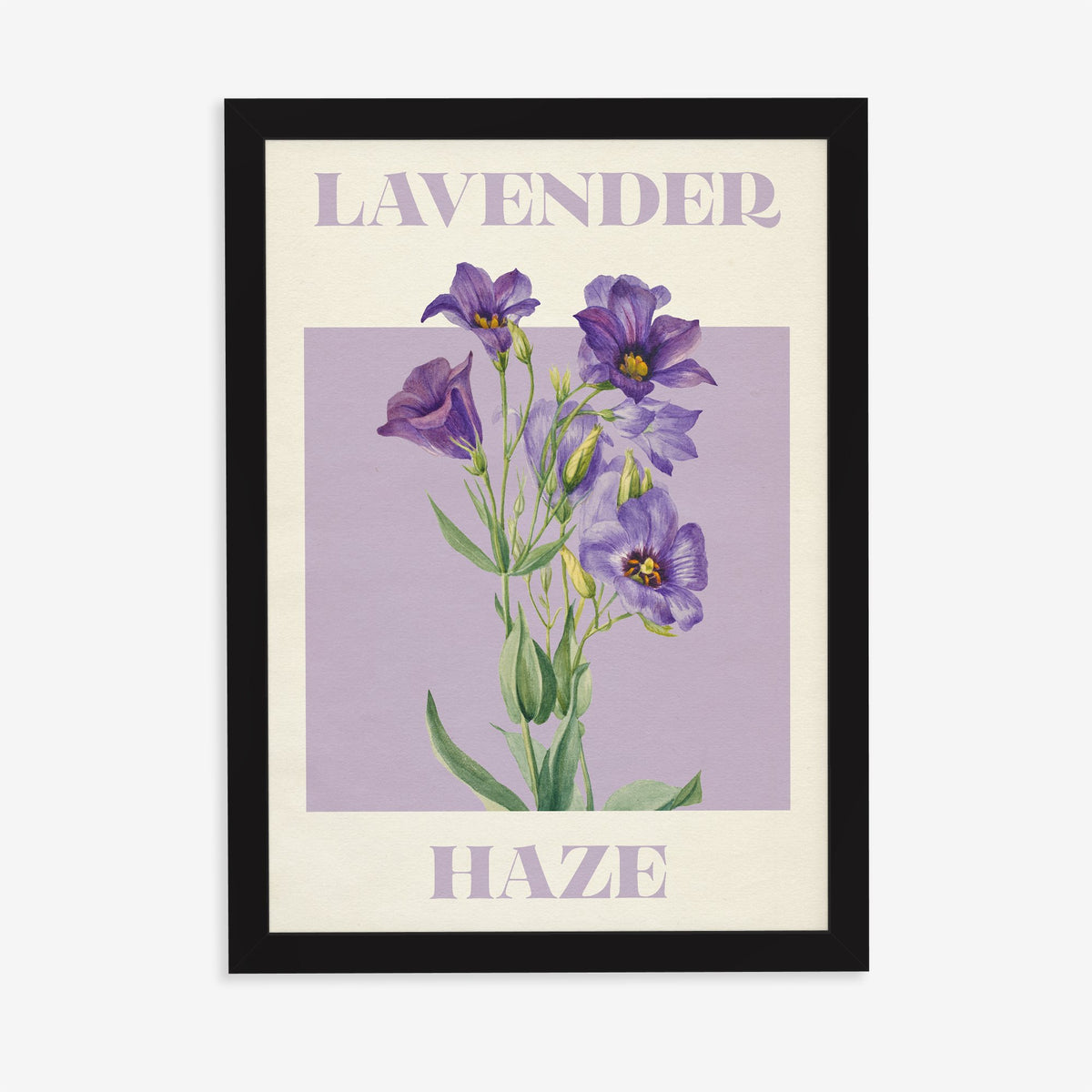 Lavender Haze Flower Taylor Swift print of purple bell-shaped flowers on a lilac square, in a black frame on a plain wall
