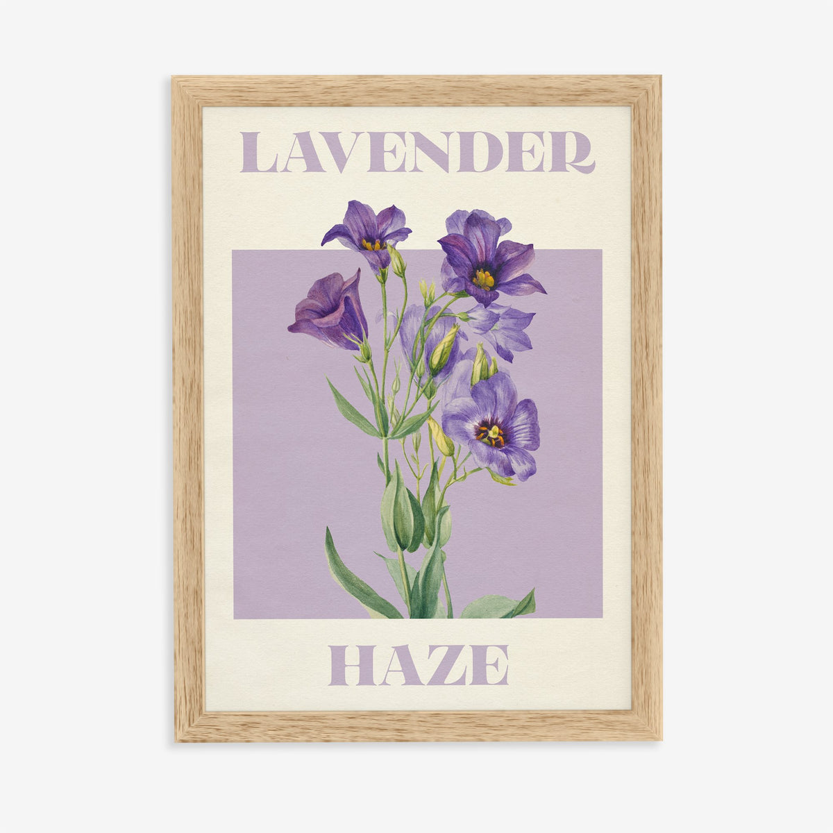 Lavender Haze Flower Taylor Swift print of purple bell-shaped flowers on a lilac square, in an oak frame on a plain wall