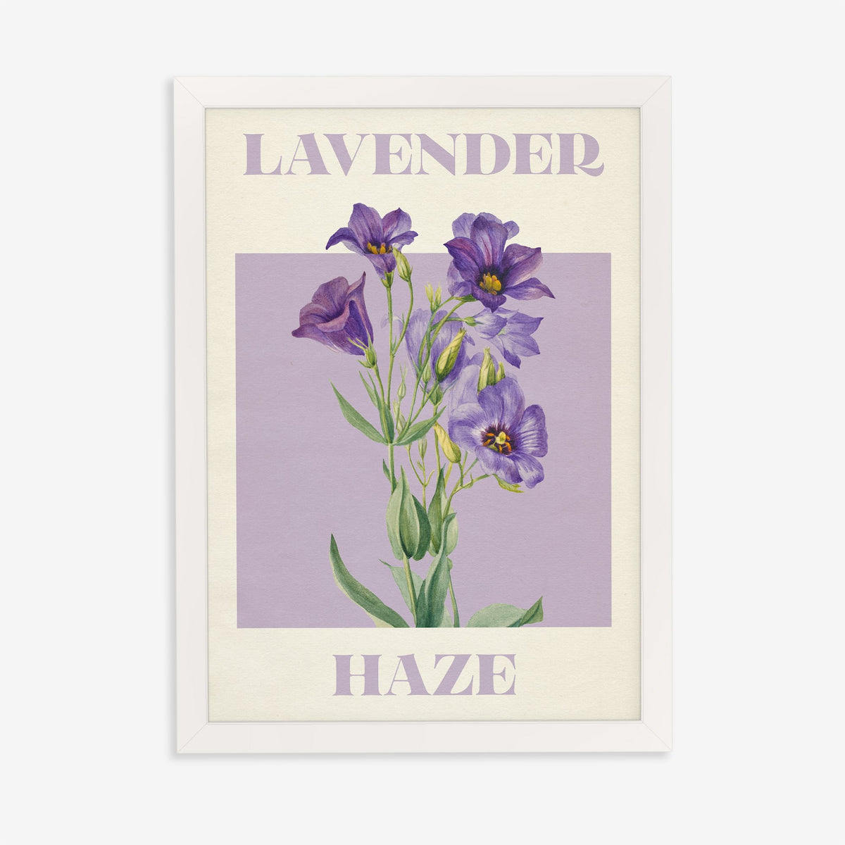 Lavender Haze Flower Taylor Swift print of purple bell-shaped flowers on a lilac square, in a white frame on a plain wall