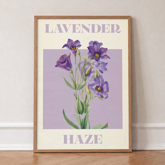 Lavender Haze Flower Taylor Swift print of purple bell-shaped flowers on a lilac square, in an oak frame, leaning against a wall on a herringbone floor