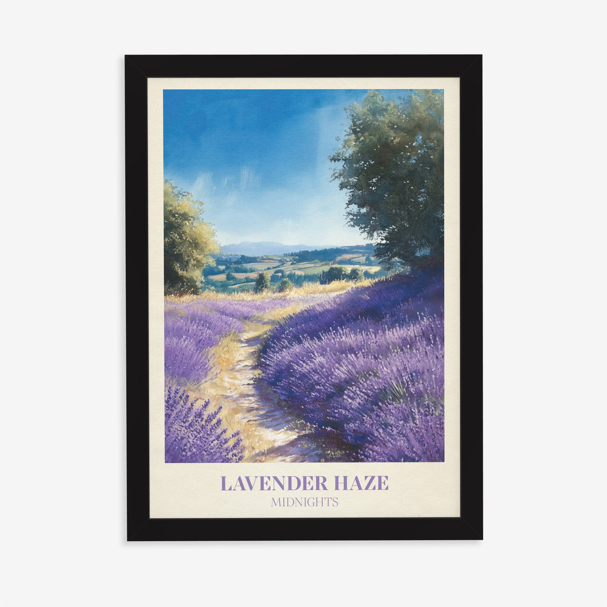 Lavender Haze Taylor Swift print of a path through purple lavender fields under a blue sky, in a black frame on a plain wall