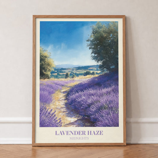 Lavender Haze Taylor Swift print of a path through purple lavender fields under a blue sky, in an oak frame, leaning against a wall on a herringbone floor