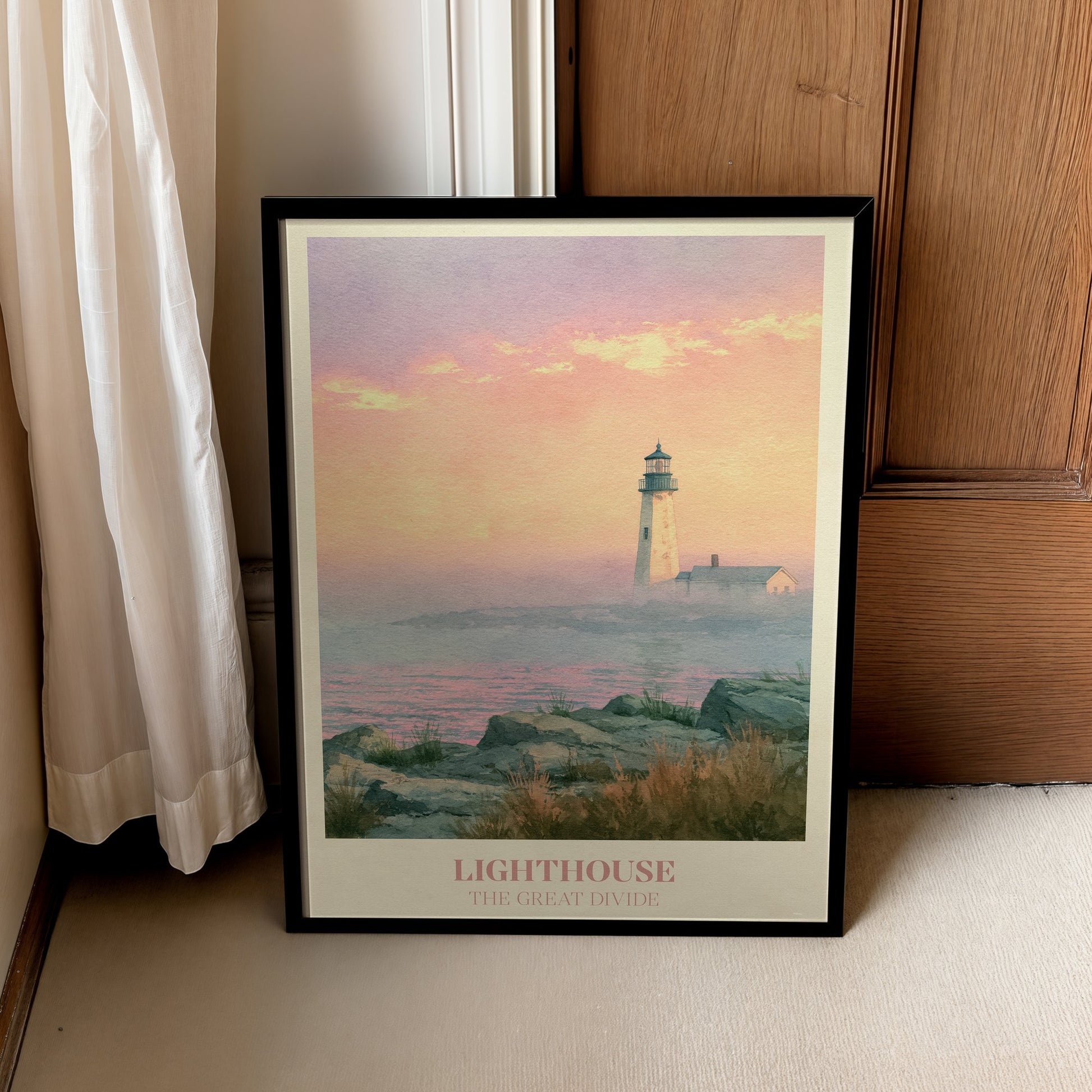 Lighthouse lyric wall art print inspired by Noah Kahan in a black frame leaning against a wooden door
