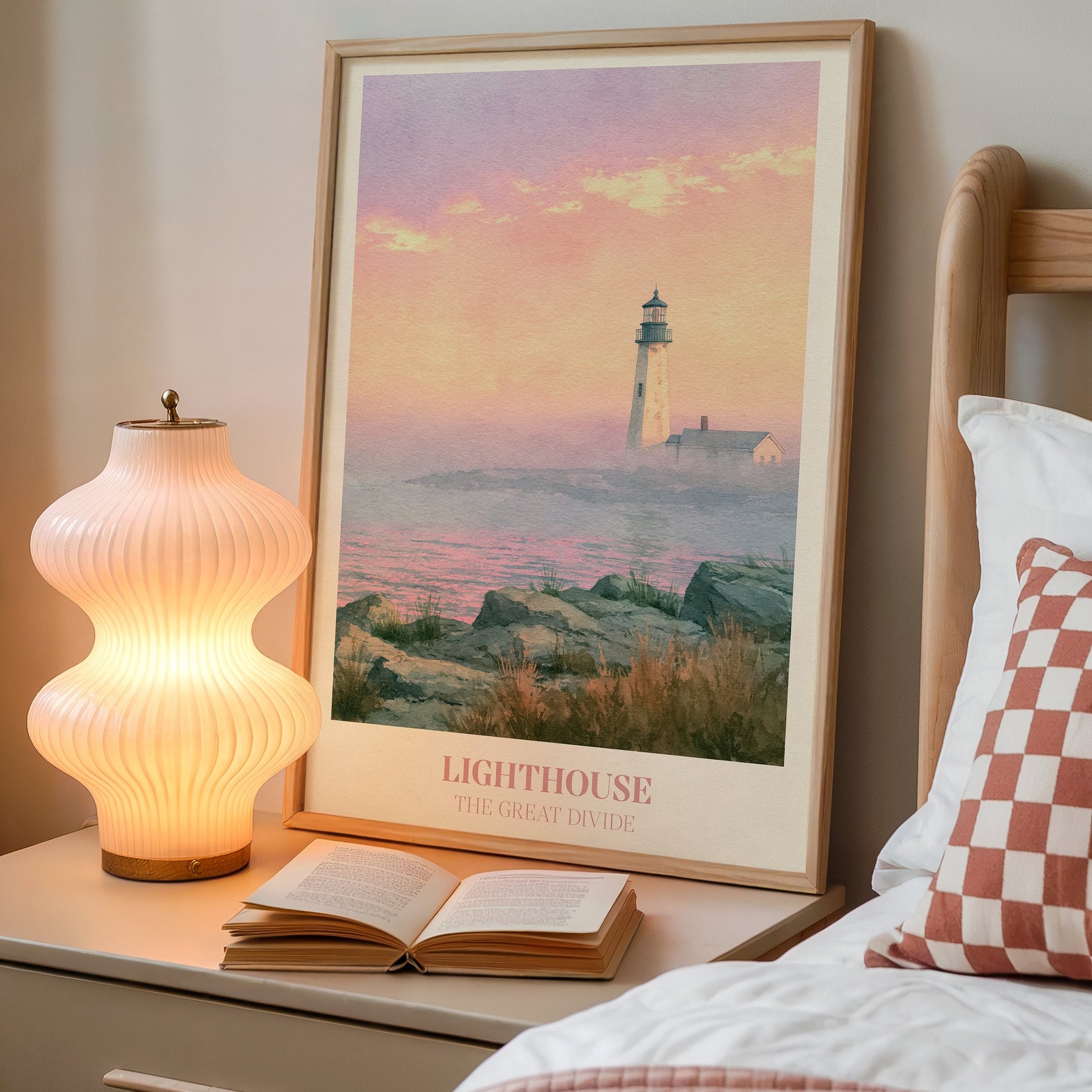 Lighthouse lyric wall art print inspired by Noah Kahan on a bedside table next to a lamp