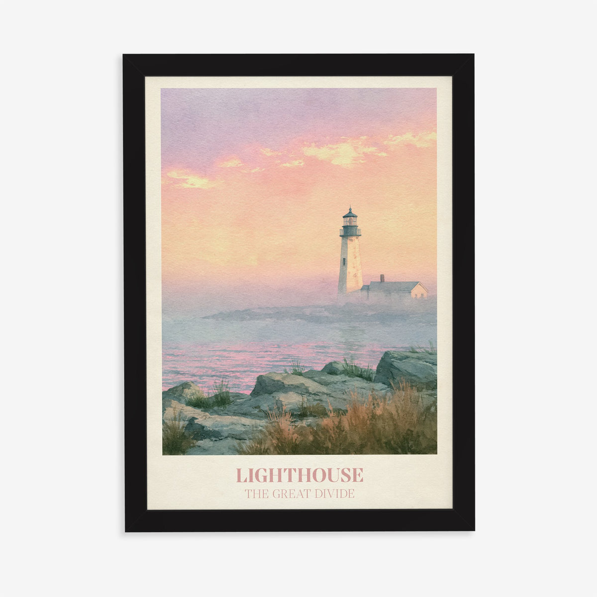 Lighthouse Noah Kahan print of a pastel lighthouse above a misty pink sea, in a black frame on a plain wall
