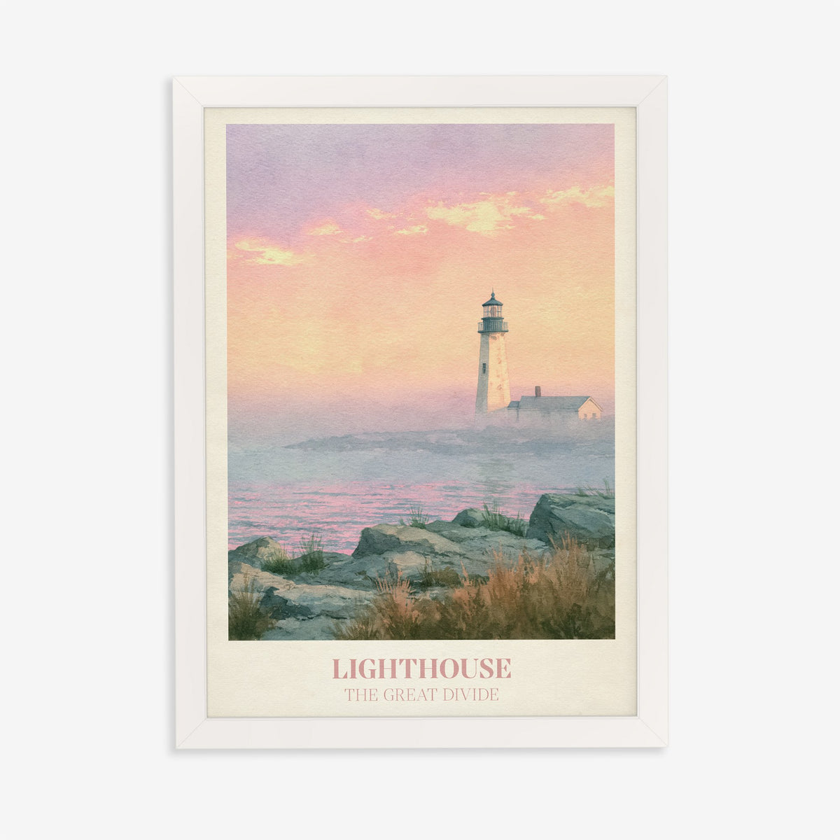 Lighthouse Noah Kahan print of a pastel lighthouse above a misty pink sea, in a white frame on a plain wall