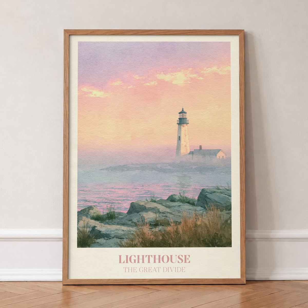 Lighthouse Noah Kahan print of a pastel lighthouse above a misty pink sea, in an oak frame, leaning against a wall on a herringbone floor