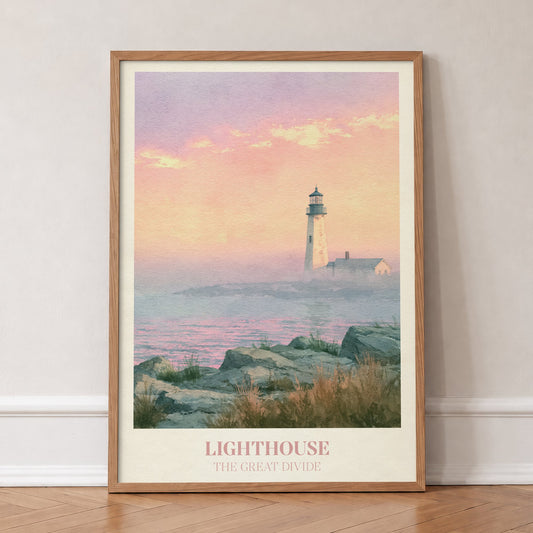 Lighthouse Noah Kahan print of a pastel lighthouse above a misty pink sea, in an oak frame, leaning against a wall on a herringbone floor
