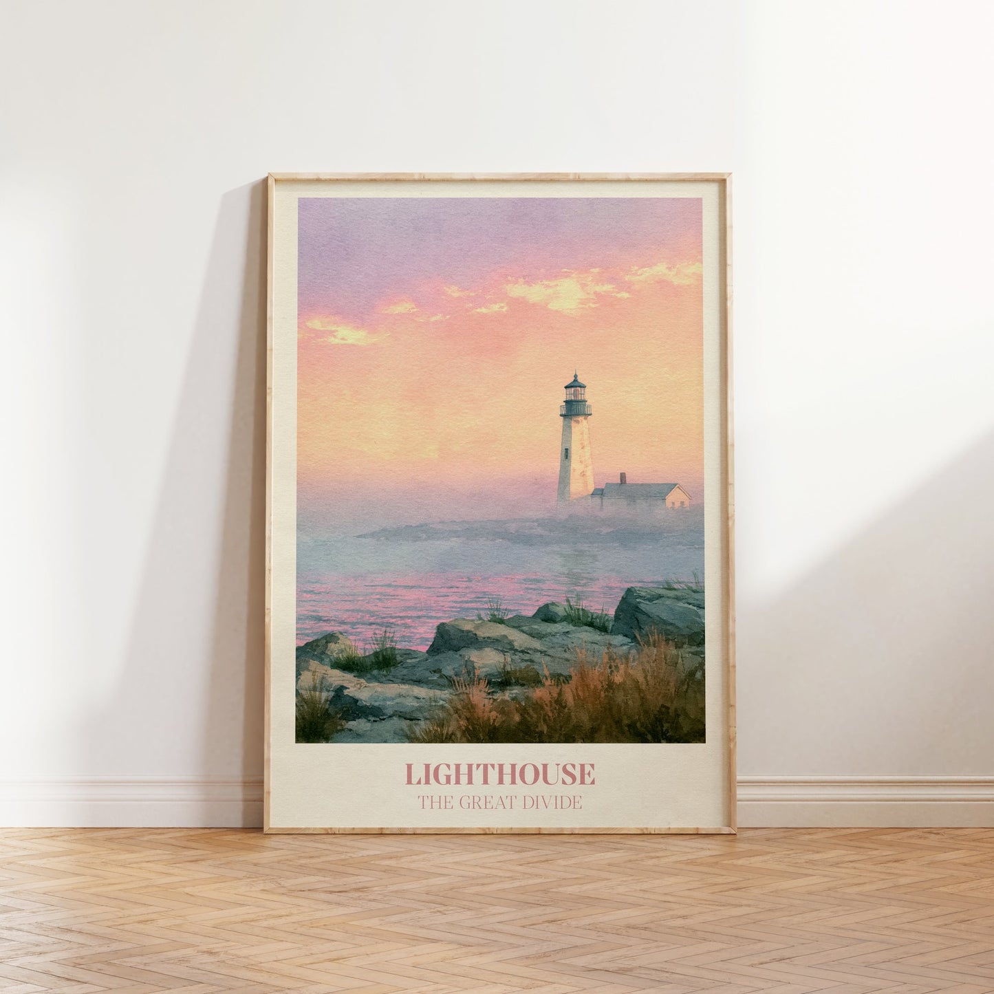 Lighthouse lyric wall art print inspired by Noah Kahan leaning against a white wall on a wooden herringbone floor in soft daylight