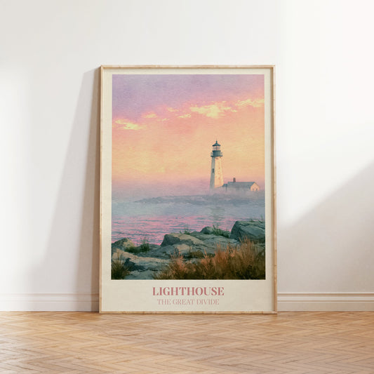 Lighthouse lyric wall art print inspired by Noah Kahan leaning against a white wall on a wooden herringbone floor in soft daylight