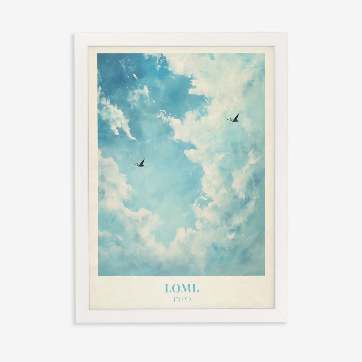 Loml Taylor Swift print of two birds flying through a bright blue sky of white clouds, in a white frame on a plain wall