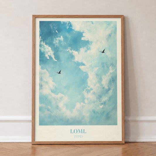 Loml Taylor Swift print of two birds flying through a bright blue sky of white clouds, in an oak frame, leaning against a wall on a herringbone floor