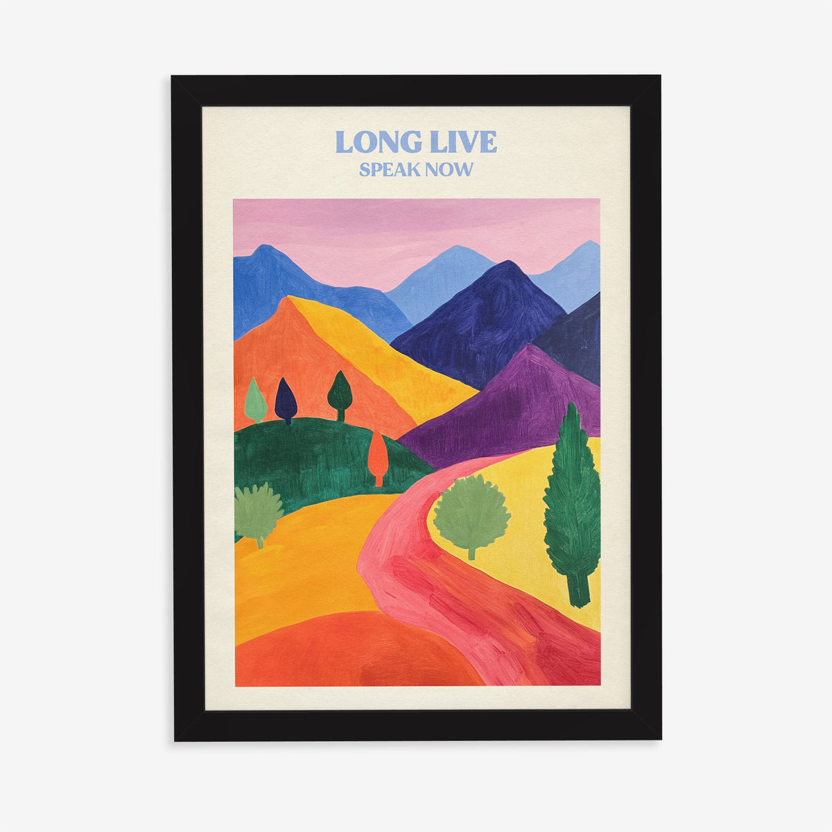 Long Live Matisse Taylor Swift print of a red path winding through bold, colourful hills, in a black frame on a plain wall