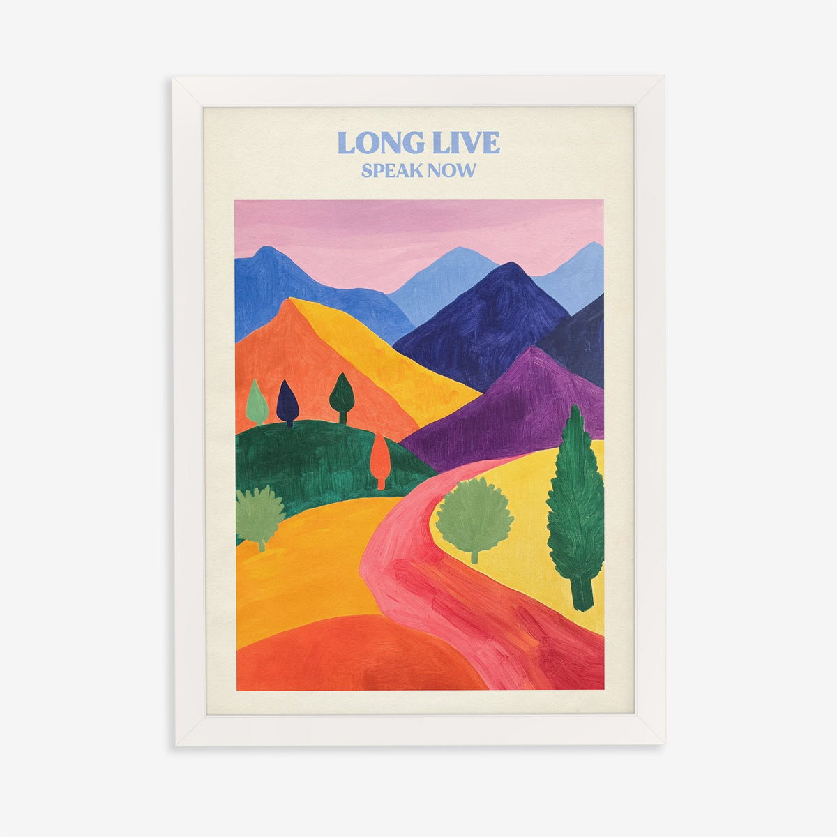 Long Live Matisse Taylor Swift print of a red path winding through bold, colourful hills, in a white frame on a plain wall