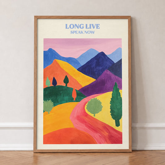 Long Live Matisse Taylor Swift print of a red path winding through bold, colourful hills, in an oak frame, leaning against a wall on a herringbone floor