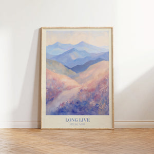 Long Live music print — soft lavender and purple mountain landscape inspired by Taylor Swift's Speak Now album