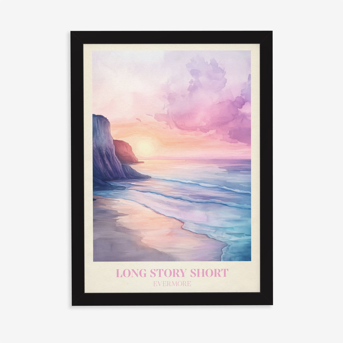 Long Story Short Taylor Swift print of a pink and lilac sunset over a beach below cliffs, in a black frame on a plain wall
