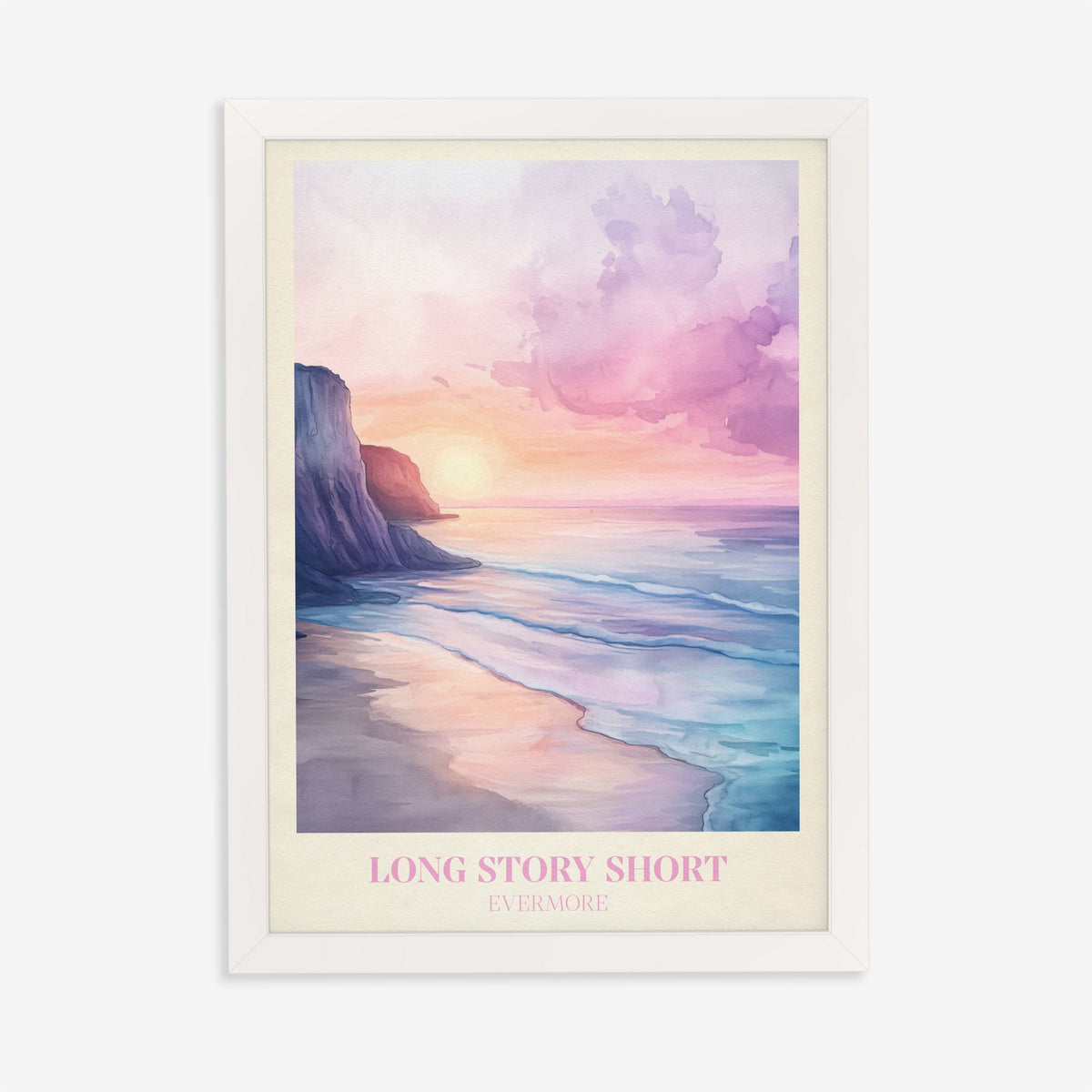 Long Story Short Taylor Swift print of a pink and lilac sunset over a beach below cliffs, in a white frame on a plain wall