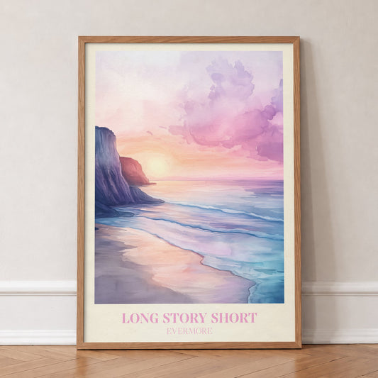 Long Story Short Taylor Swift print of a pink and lilac sunset over a beach below cliffs, in an oak frame, leaning against a wall on a herringbone floor