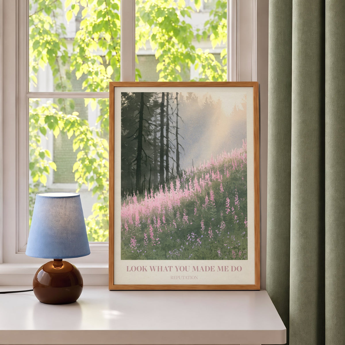 Look What You Made Me Do Taylor Swift print of pink wildflowers by pines, leaning on a windowsill beside a blue lamp