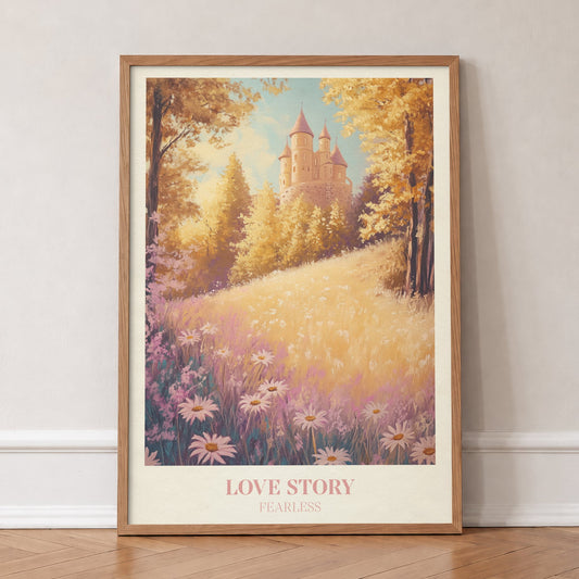 Love Story Taylor Swift print of a pink castle above a golden meadow of daisies, in an oak frame, leaning against a wall on a herringbone floor