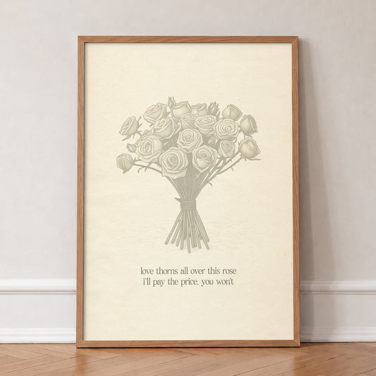 Love Thorns All Over Taylor Swift print of a sketched bunch of roses on cream paper, in an oak frame, leaning against a wall on a herringbone floor