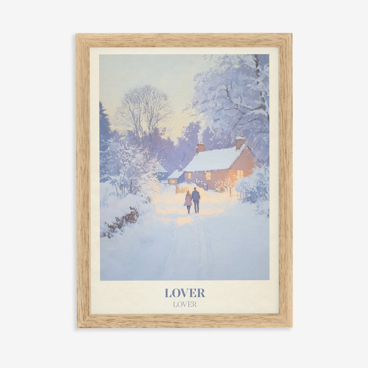 Lover Christmas Taylor Swift print of a couple on a snowy lane by a glowing cottage, in an oak frame on a plain wall