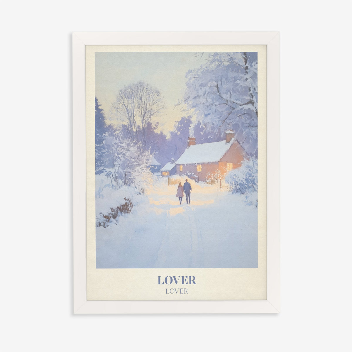 Lover Christmas Taylor Swift print of a couple on a snowy lane by a glowing cottage, in a white frame on a plain wall