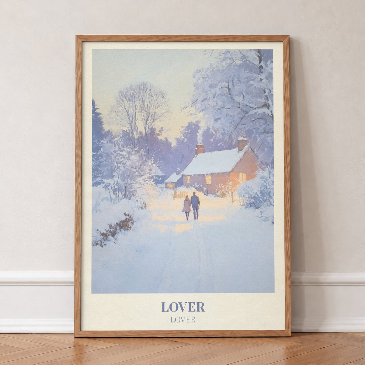 Lover Christmas Taylor Swift print of a couple on a snowy lane by a glowing cottage, in an oak frame, leaning against a wall on a herringbone floor