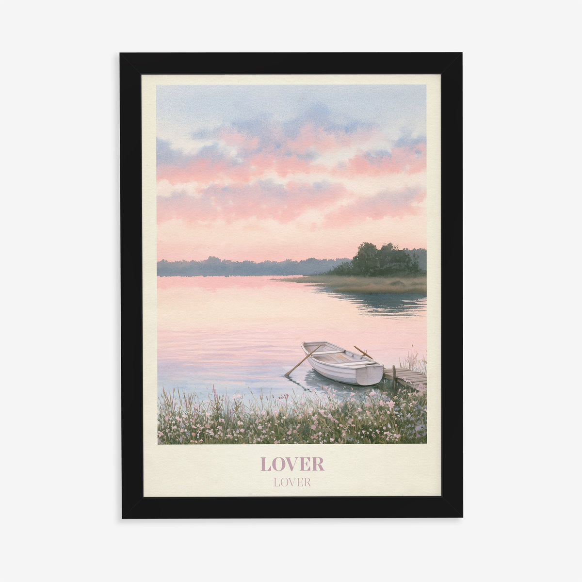 Lover Taylor Swift print of a rowing boat on a pink lake, in a black frame on a plain wall