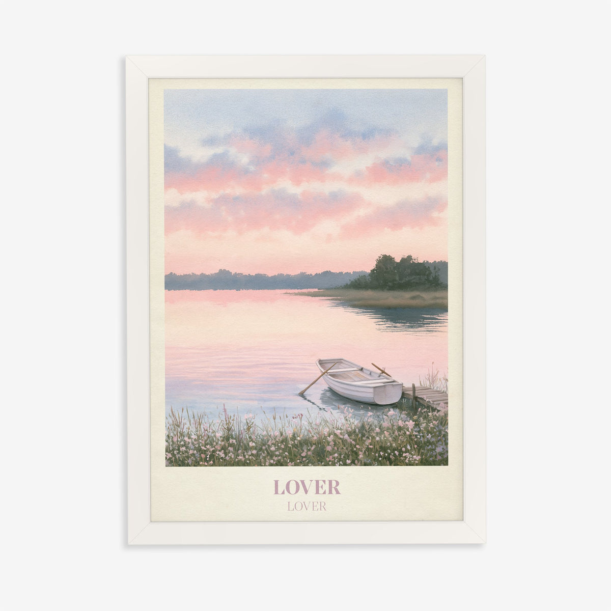 Lover Taylor Swift print of a rowing boat on a pink lake, in a white frame on a plain wall
