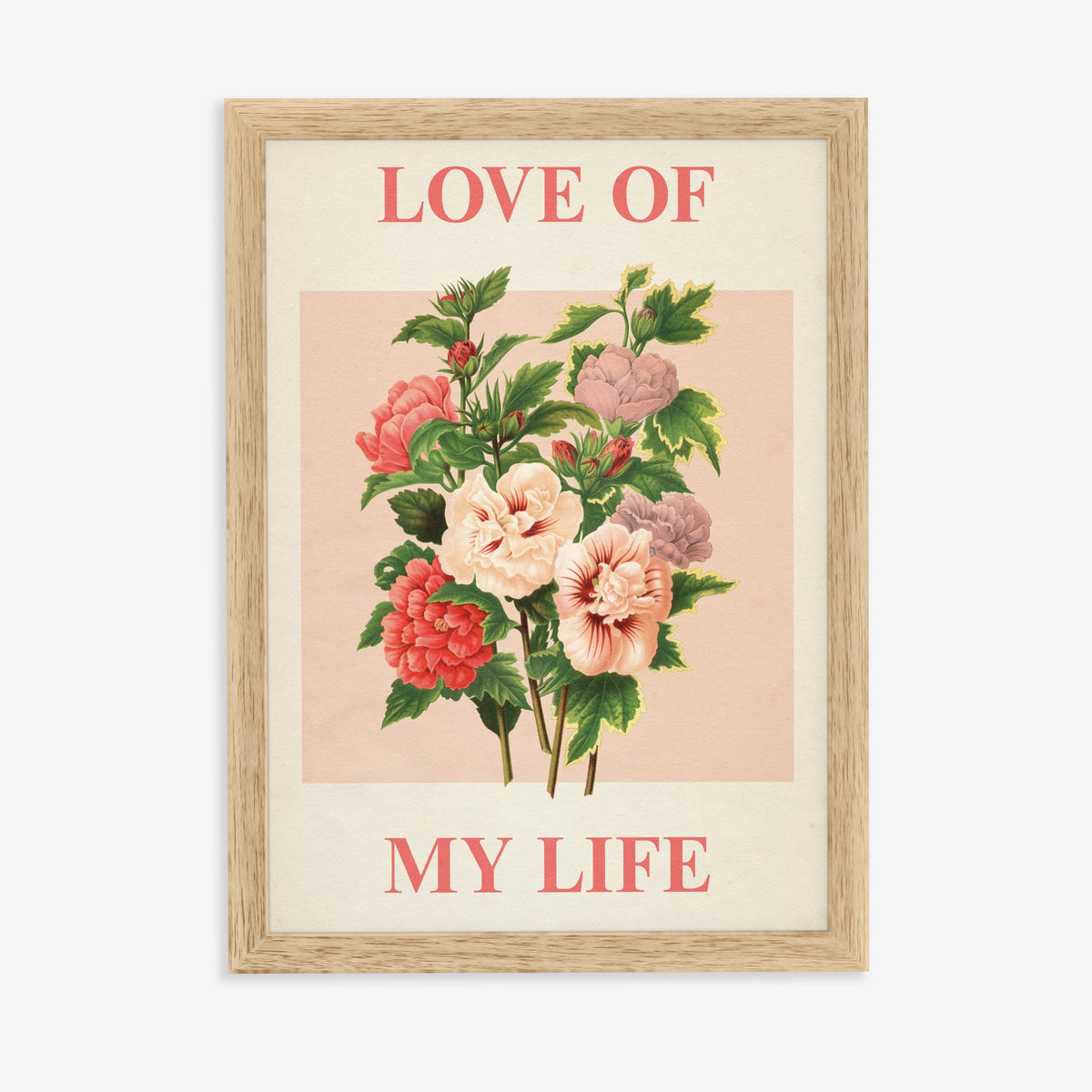 Love Of My Life Harry Styles print of pink and red roses on blush pink, in an oak frame on a plain wall