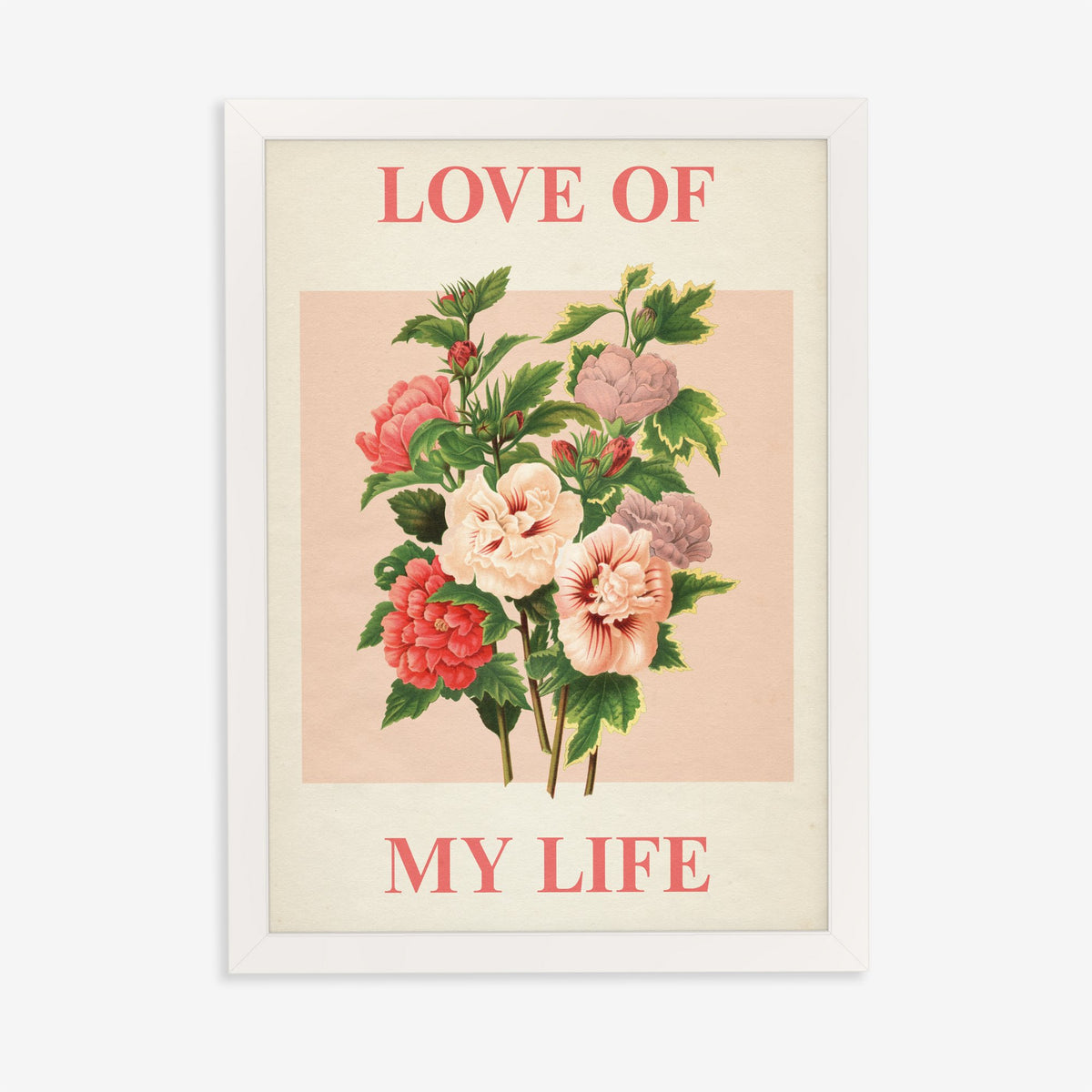 Love Of My Life Harry Styles print of pink and red roses on blush pink, in a white frame on a plain wall