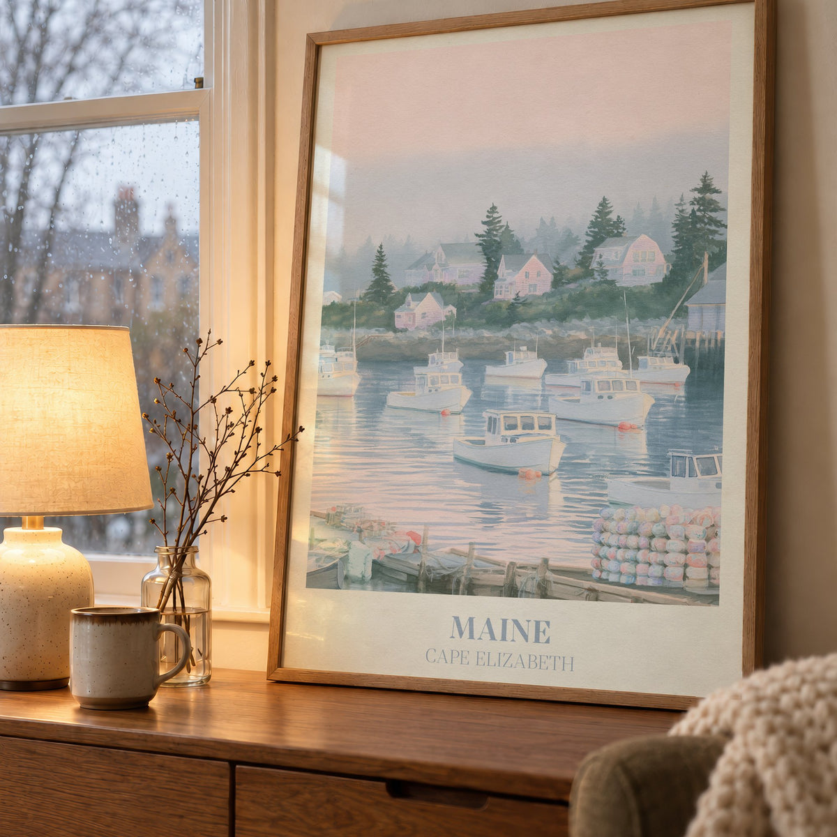 Maine Noah Kahan print of lobster boats in a misty pink harbour, on a wooden sideboard by a rainy window