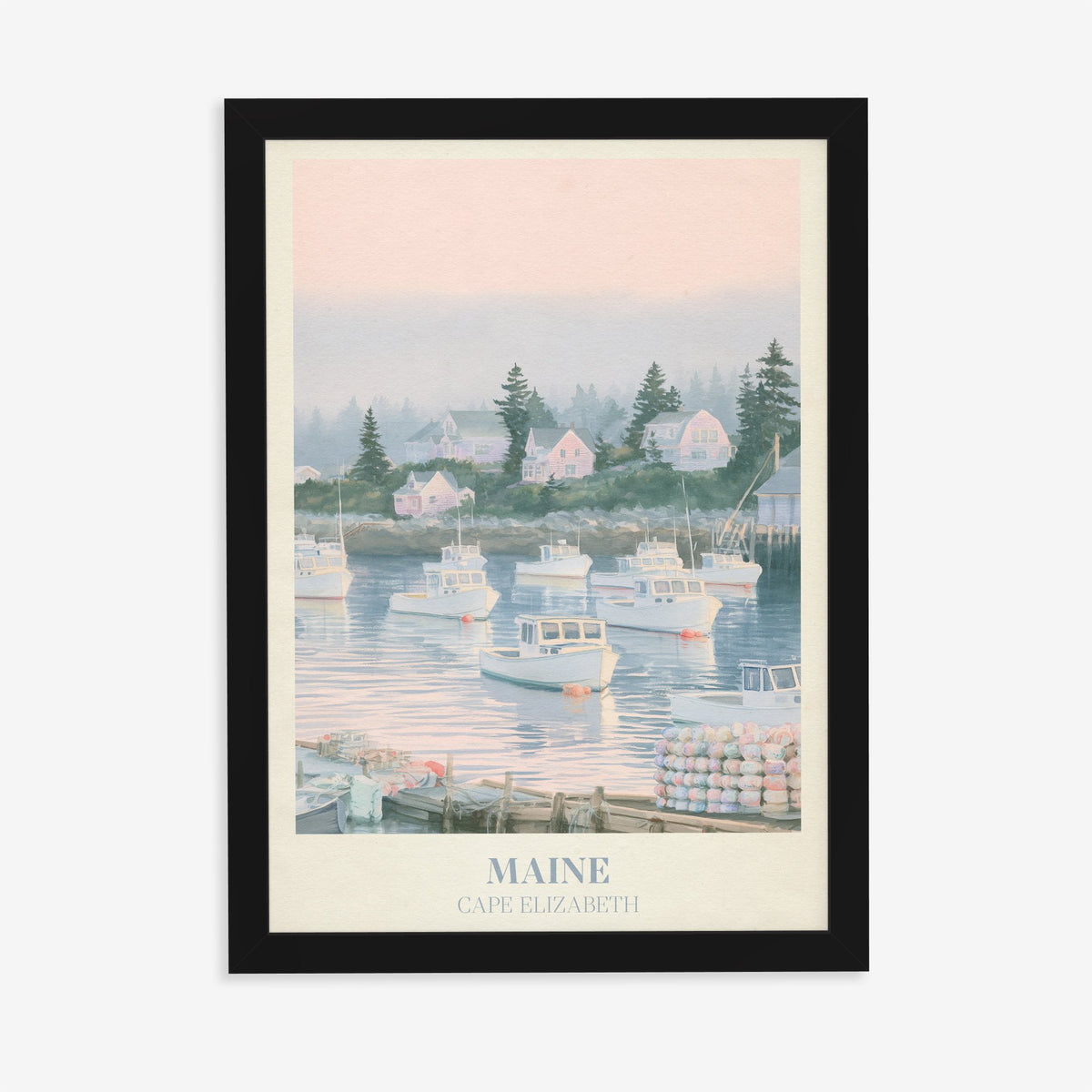 Maine Noah Kahan print of lobster boats in a misty pink harbour, in a black frame on a plain wall