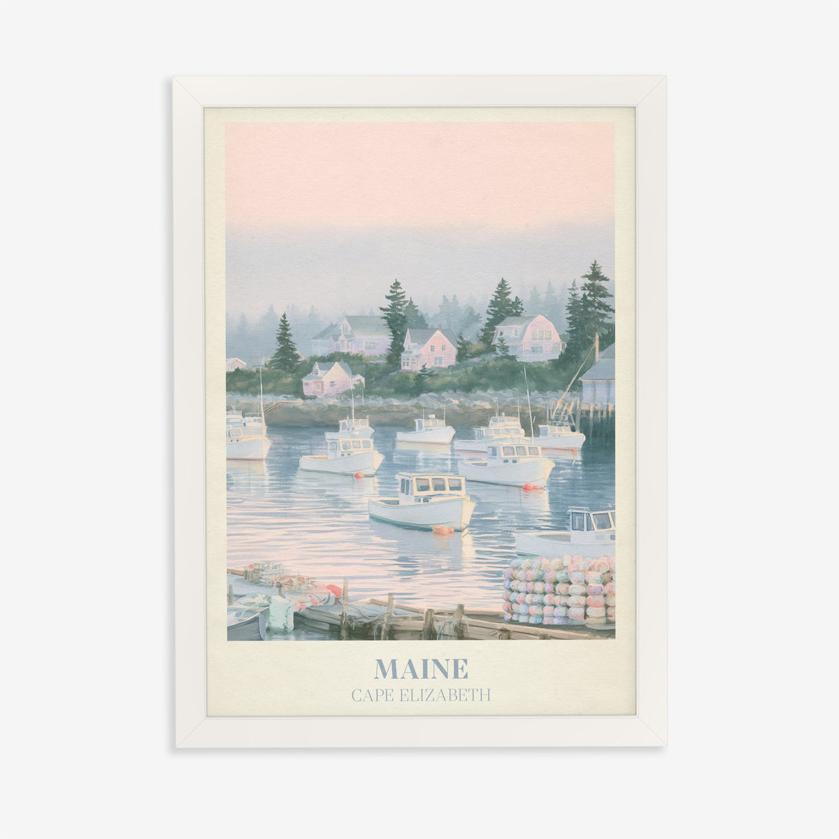 Maine Noah Kahan print of lobster boats in a misty pink harbour, in a white frame on a plain wall