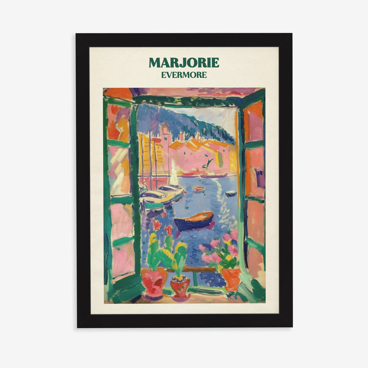 Marjorie Taylor Swift print of a Matisse-style open window onto a harbour of boats, in a black frame on a plain wall