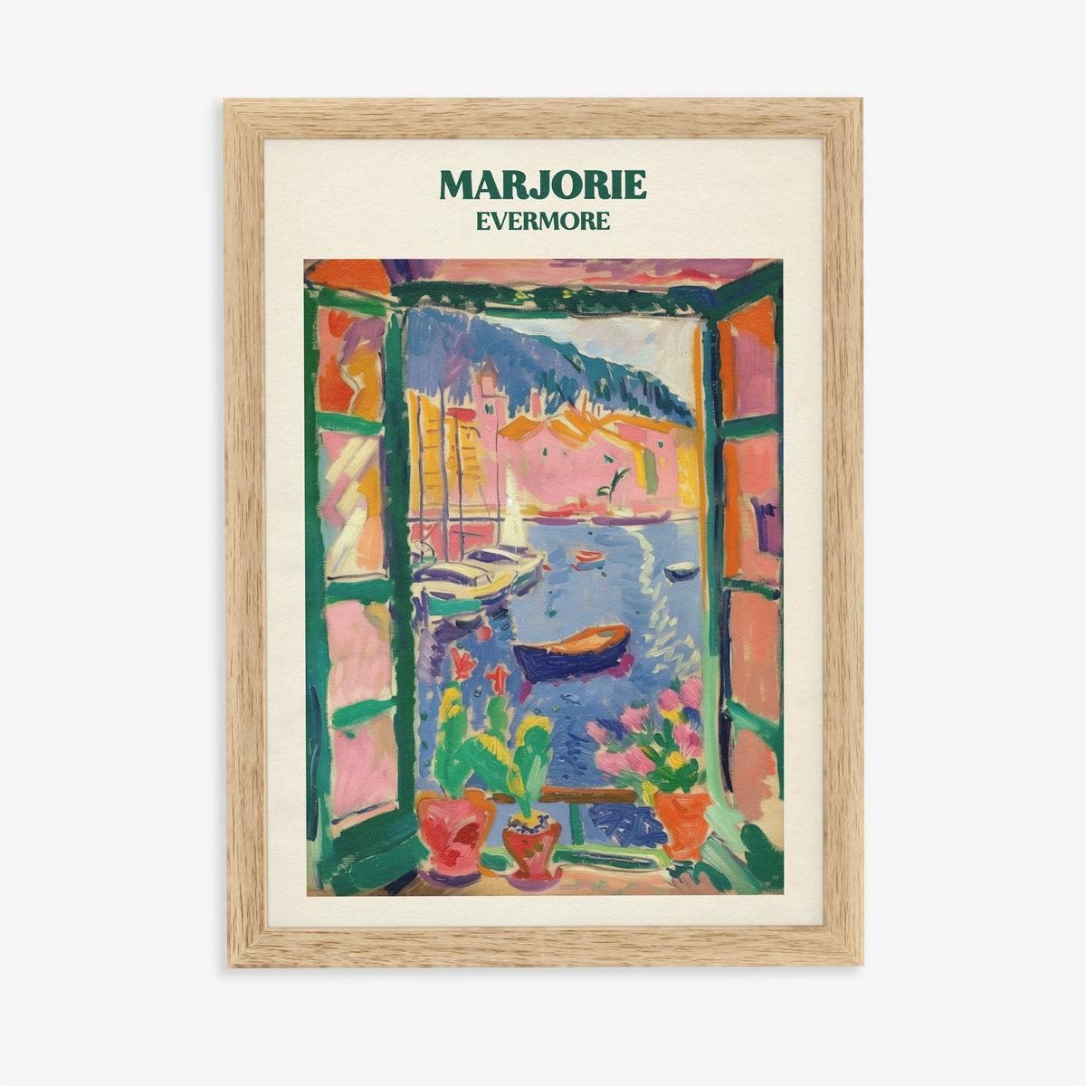 Marjorie Taylor Swift print of a Matisse-style open window onto a harbour of boats, in an oak frame on a plain wall